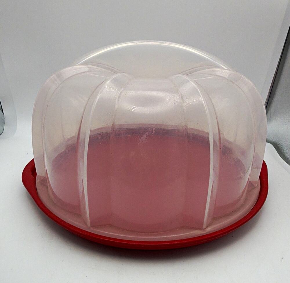 Nordic Ware Bundt Cake Keeper/Carrier Red Base Clear Snap Lid Round Plastic